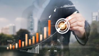 Businessman touching virtual screen Analyzing financial and investment data, planning strategies to increase sales profits, long-term business plans.