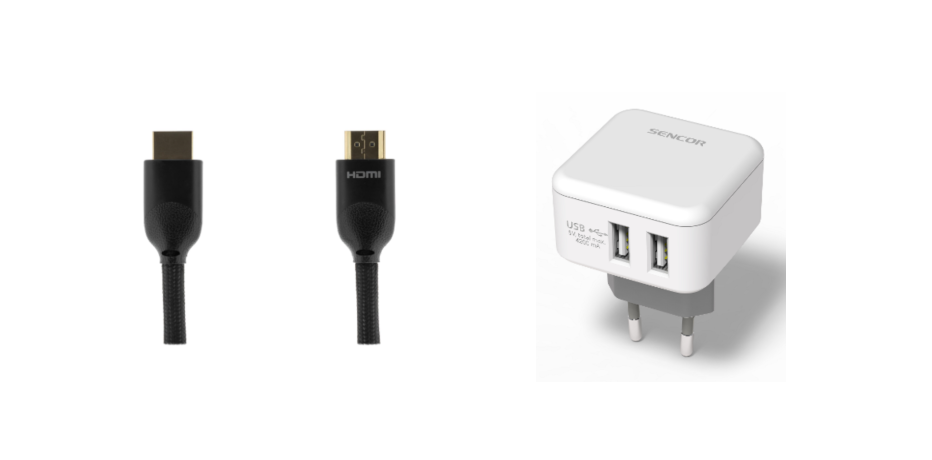 USB nabíječka a HDMI kabely Sencor
